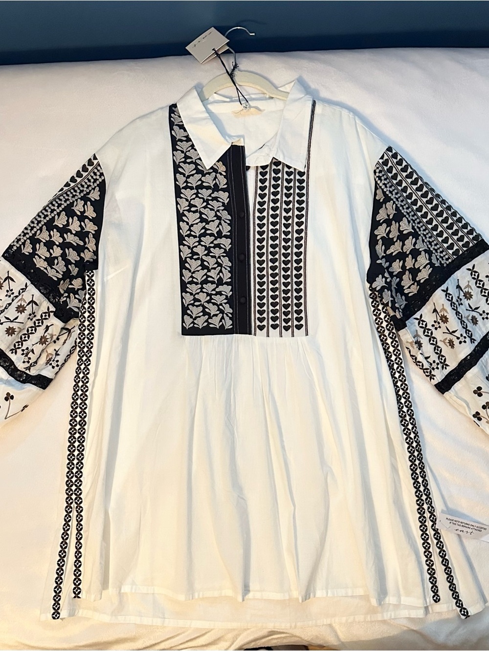 EAST Embroidered Artisan Tunic Collared Blouse XL Handcrafted India Black White